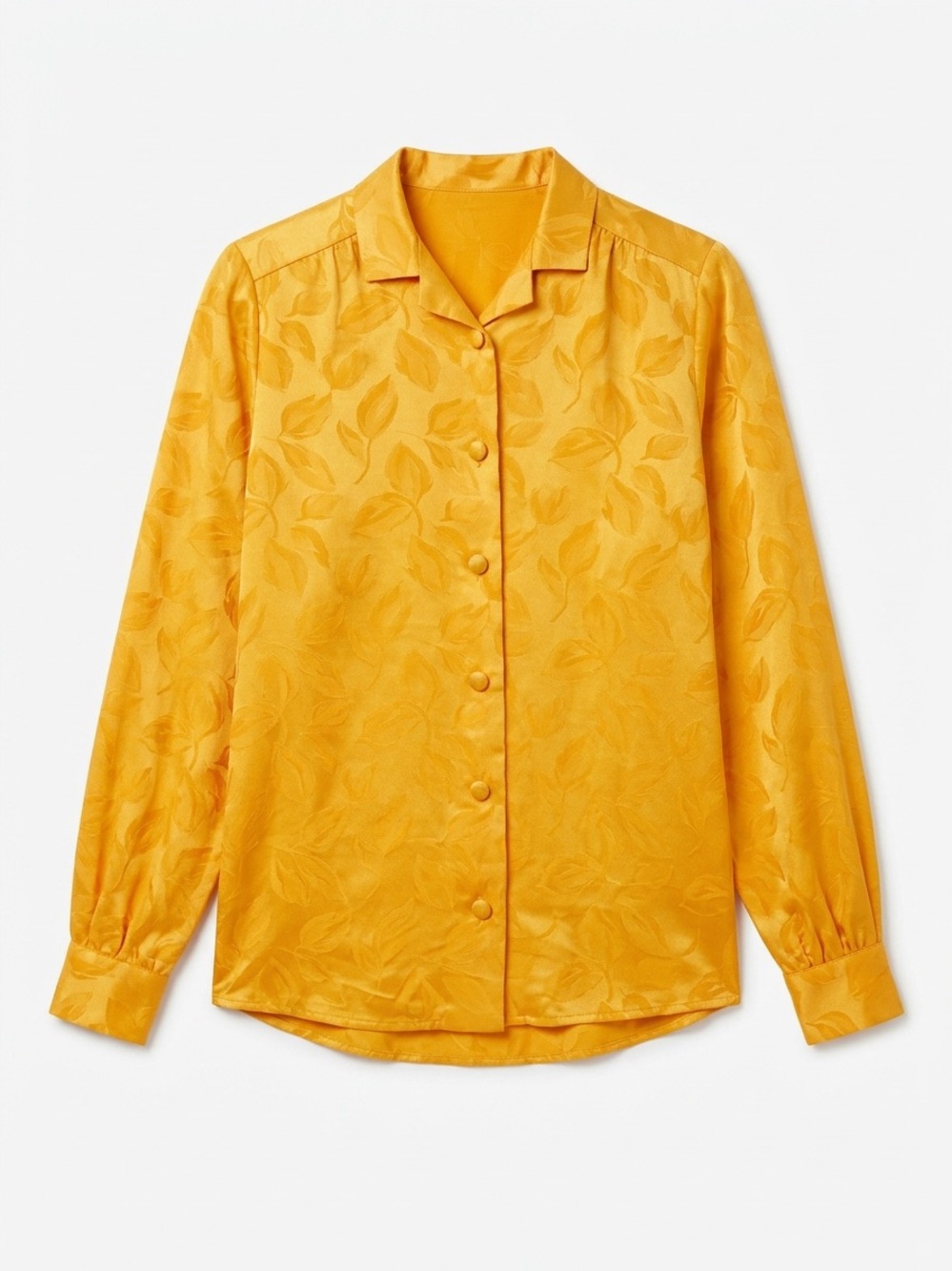 Vintage Yellow Satin Jacquard Button-Down Blouse